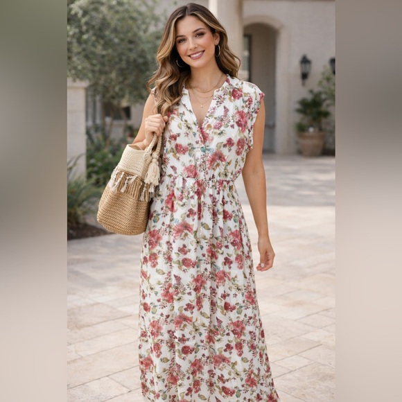 DR2 Dresses & Skirts - DR2 Floral Maxi Dress Size L | White Pink Rose Sleeveless Boho Summer Dress